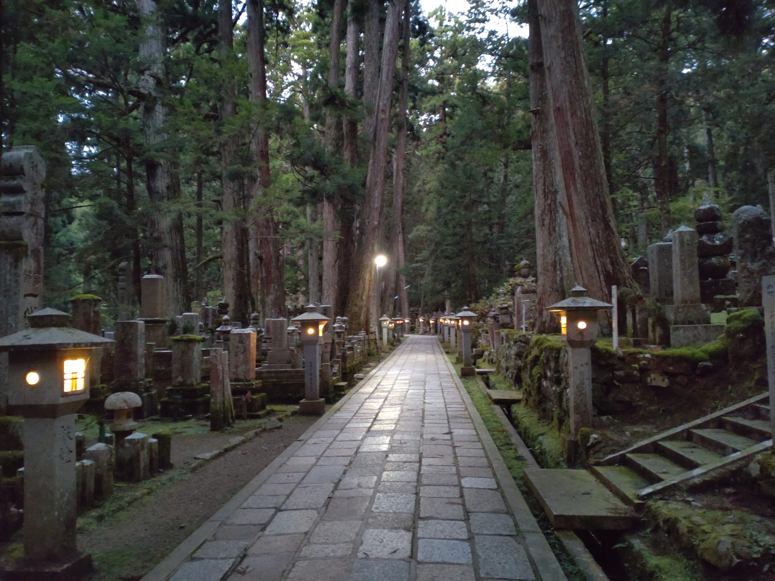 高野山・奥之院の杉並木に囲まれた参道。日本を代表する神聖な巡礼地。